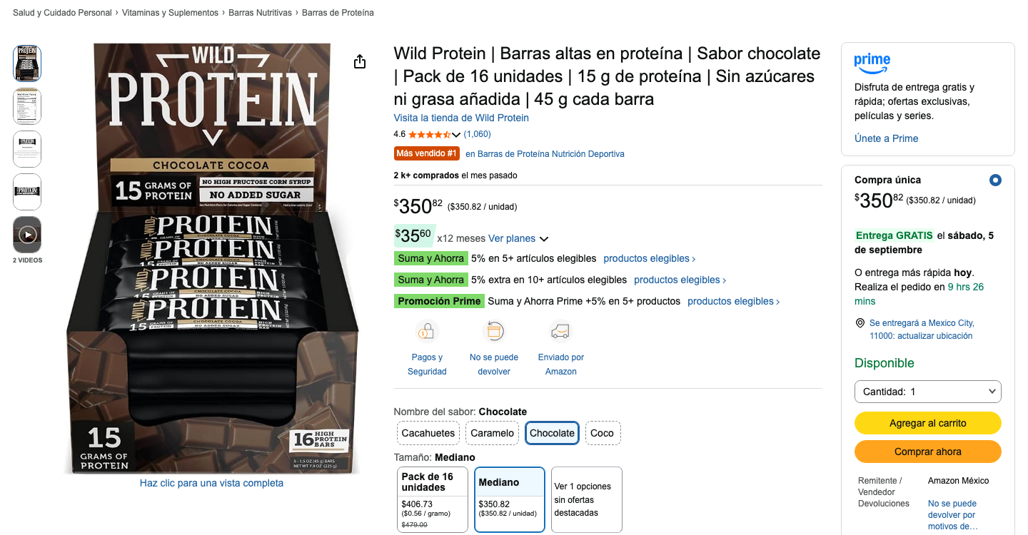 Wild Protein sabor chocolate, caja de 16 barritas, listada en Amazon.com.mx con precio y calificación