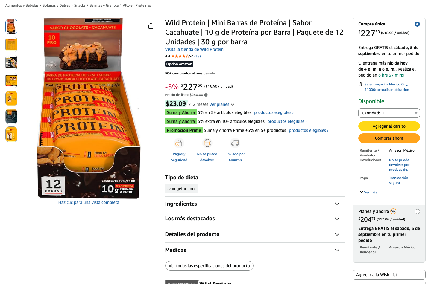 Wild Protein Mini sabor cacahuate, paquete de 12 barritas, listada en Amazon.com.mx con precio y calificación