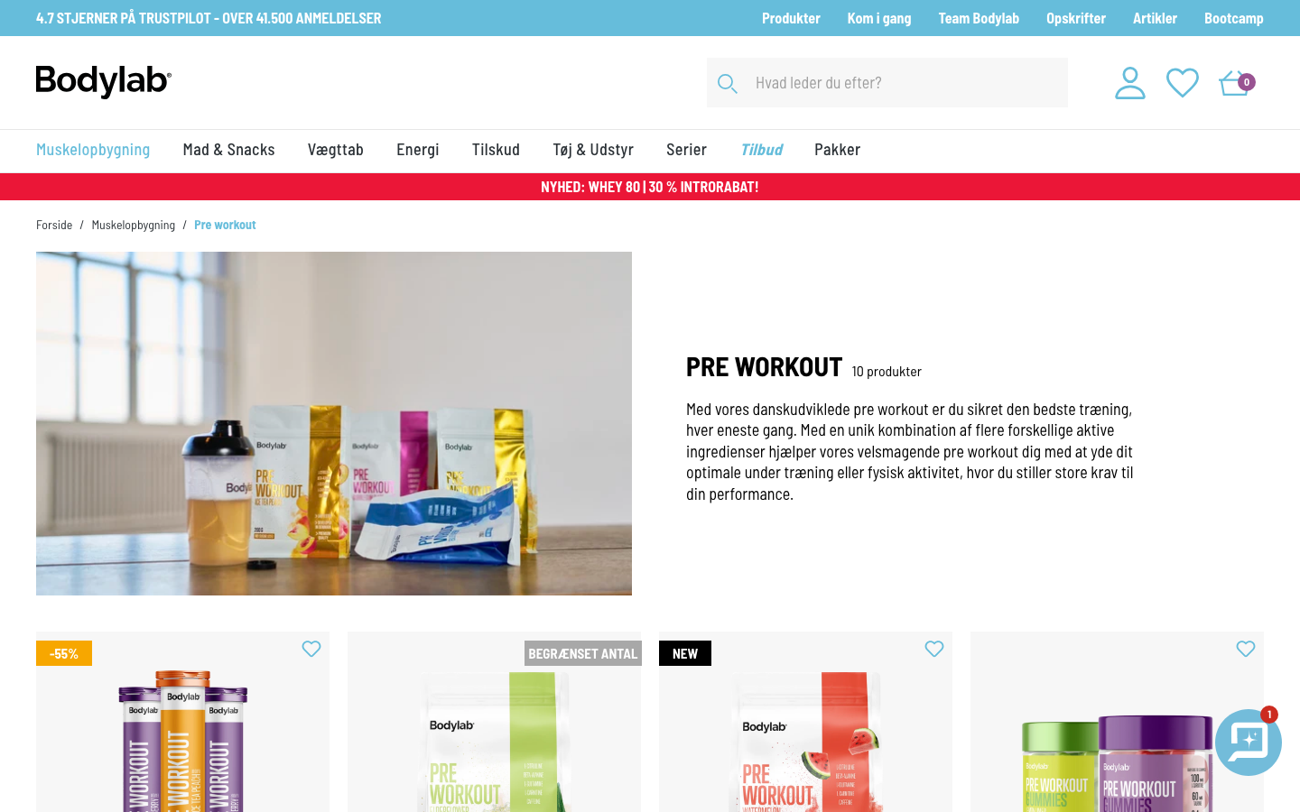 Bodylab.dk pre-workout-kategori med Pre Workout-produkterne i det danske sortiment