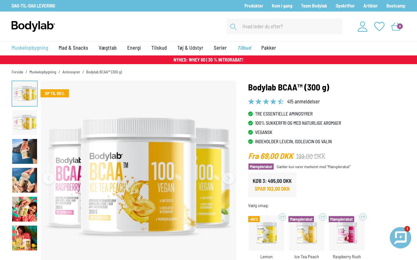 Bodylab BCAA Instant produktside med tilbudspris og smagsvarianter
