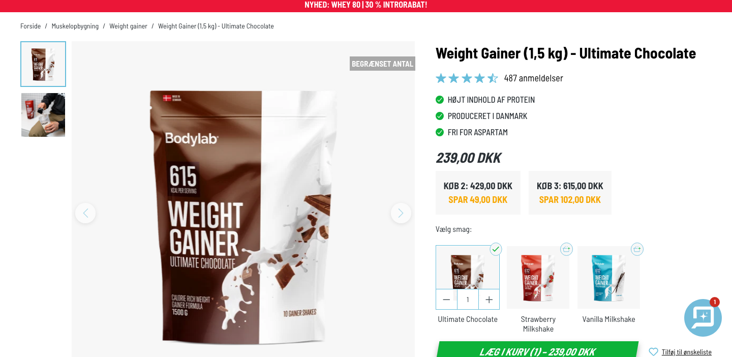 Bodylab Weight Gainer 1,5 kg produktside med pris og næringsindhold