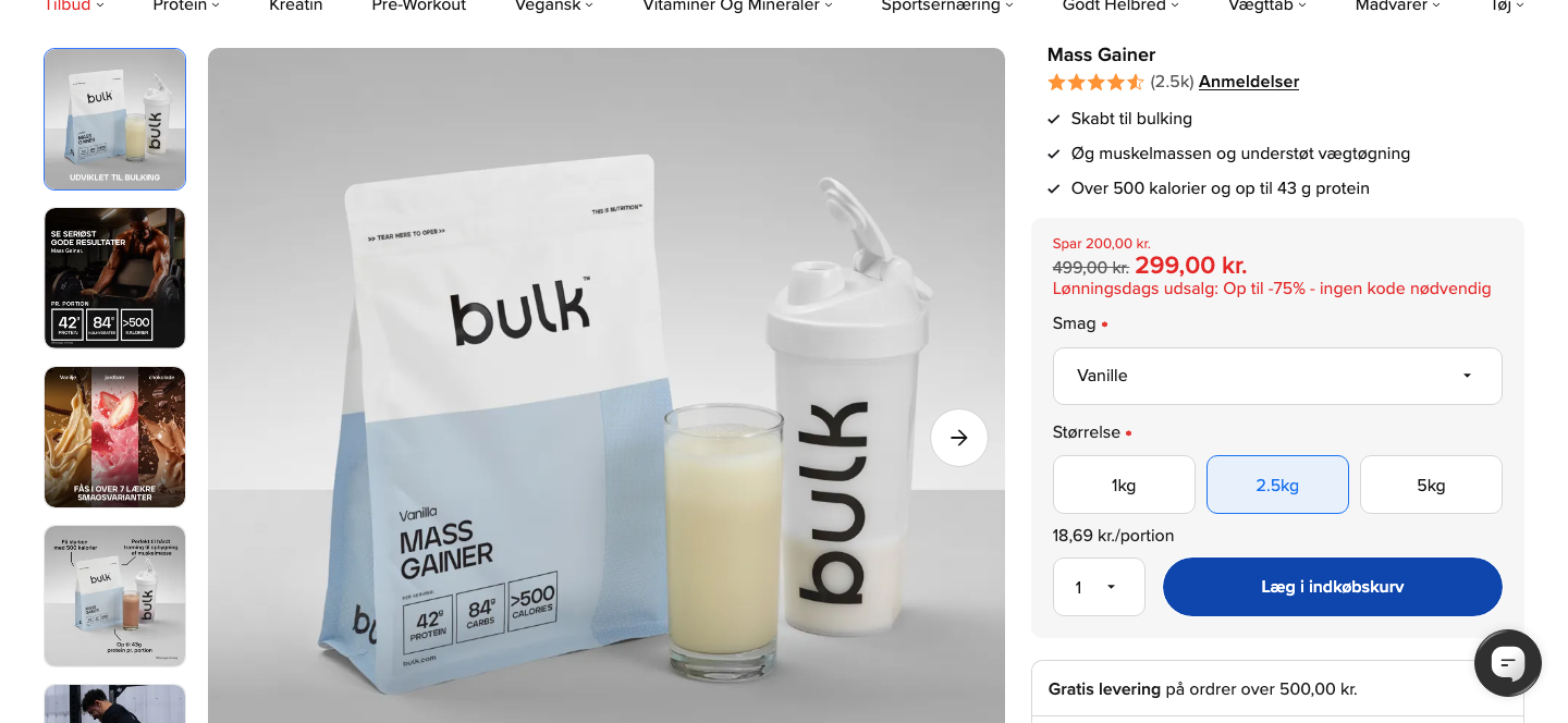 Bulk Complete Mass Gainer 2,5 kg produktside med pris pr. portion