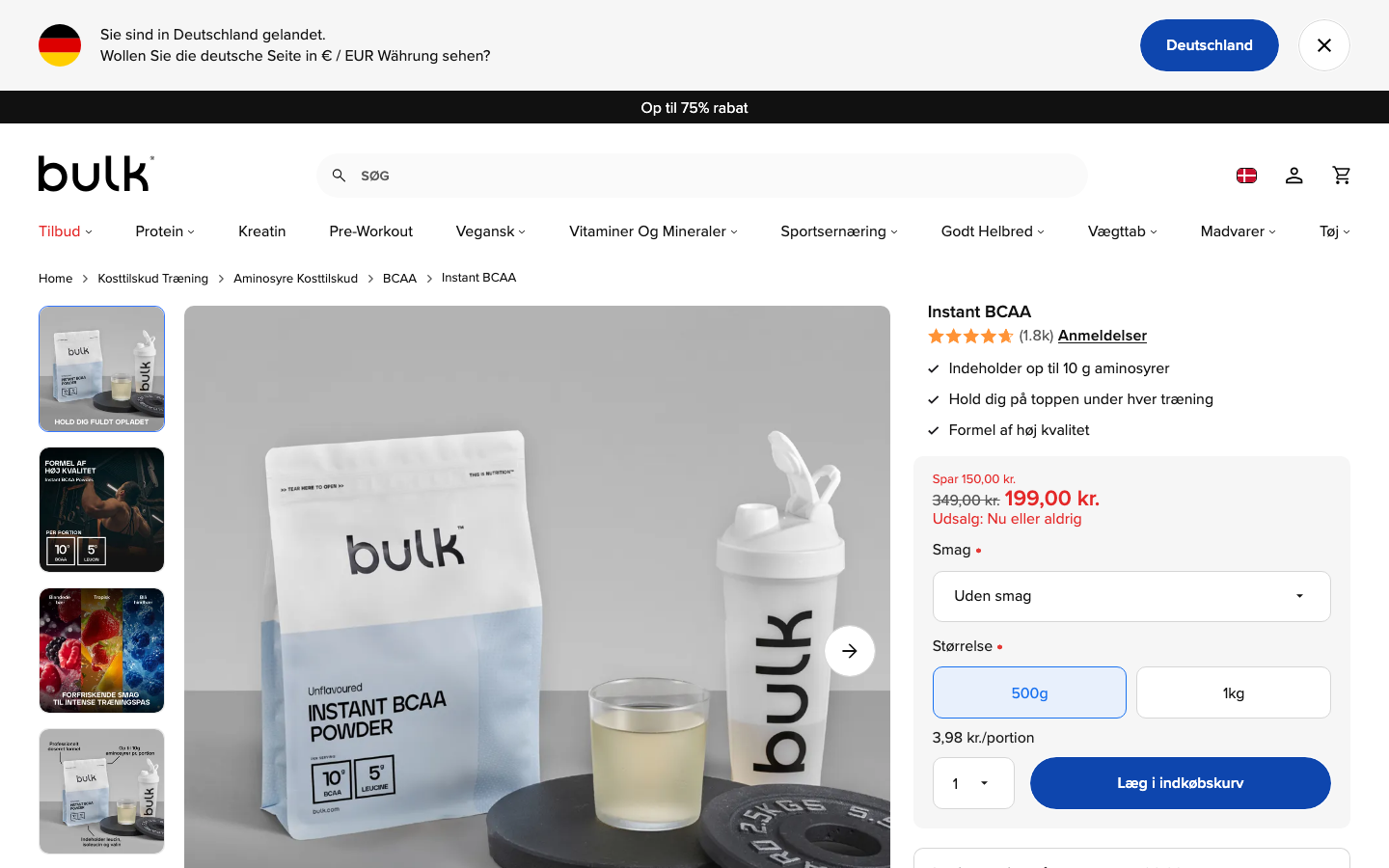 Bulk Instant BCAA produktside med pris og pakkestørrelser