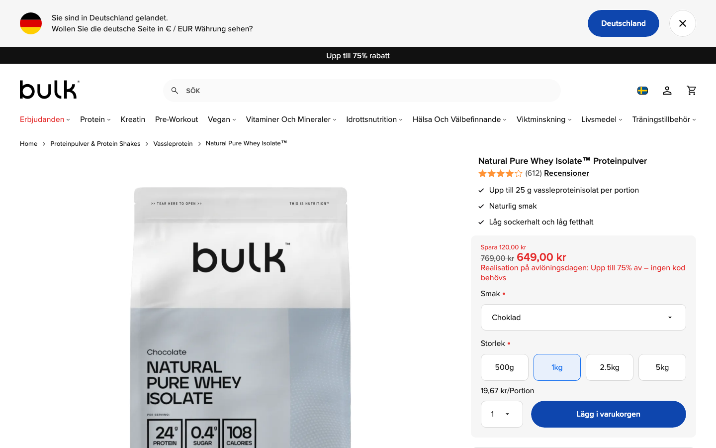 Bulk Natural Pure Whey Isolate 90, 649 kr för 1 kg