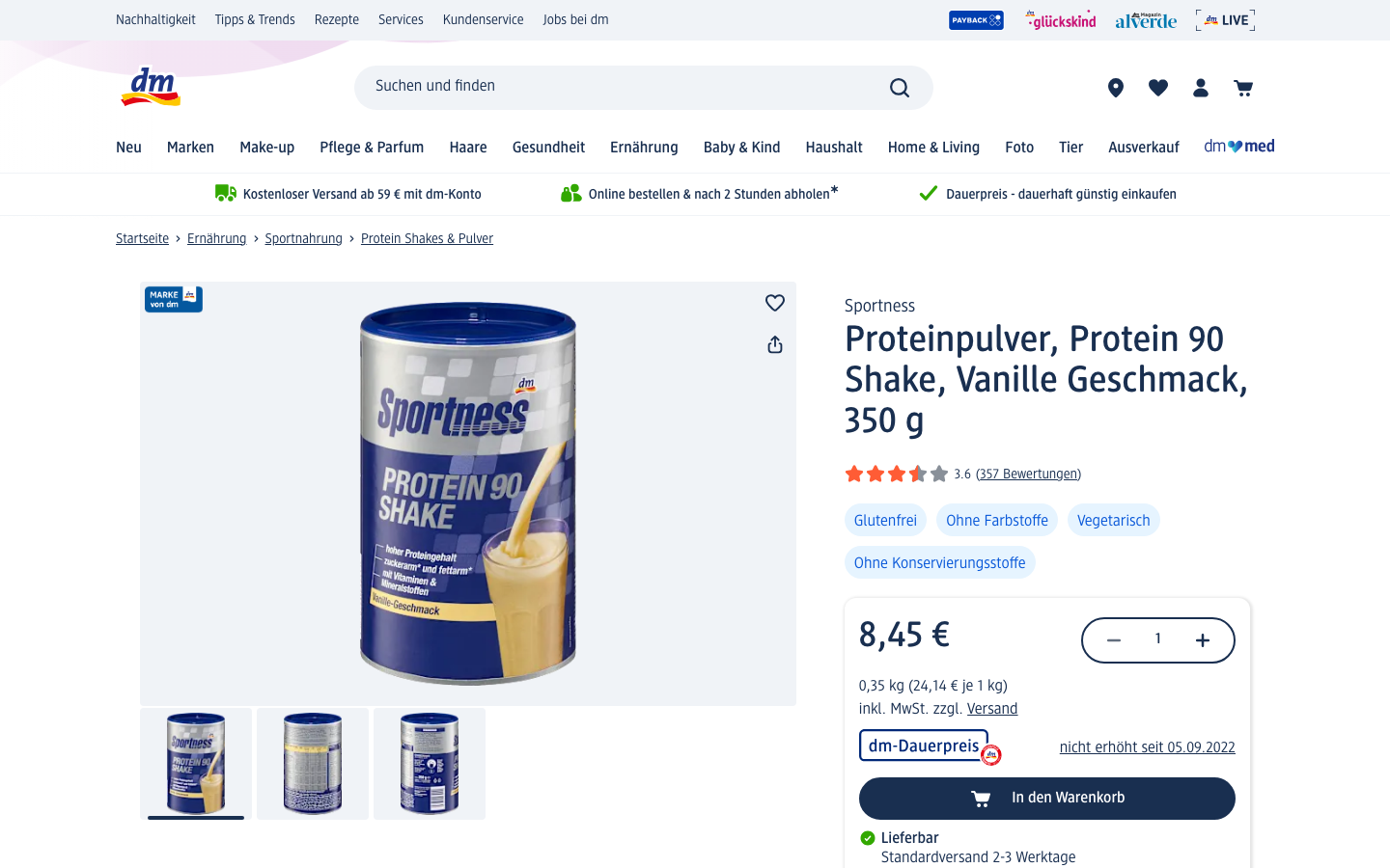 Produktseite von dm.de: Sportness Protein 90 Shake Vanille Geschmack, 350 g