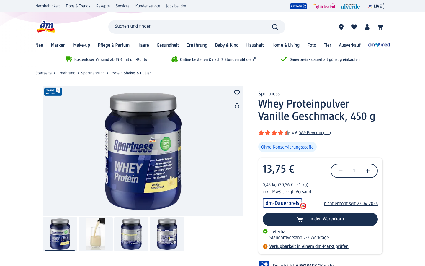 Produktseite von dm.de: Sportness Whey Proteinpulver Vanille Geschmack, 450 g