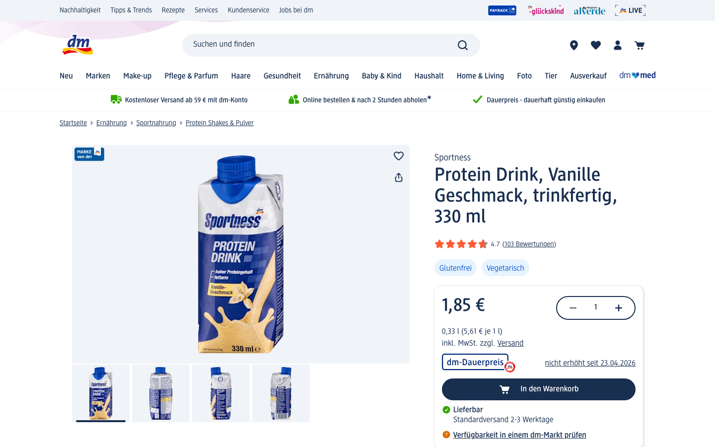 Produktseite von dm.de: Sportness Protein Drink Vanille Geschmack, trinkfertig, 330 ml