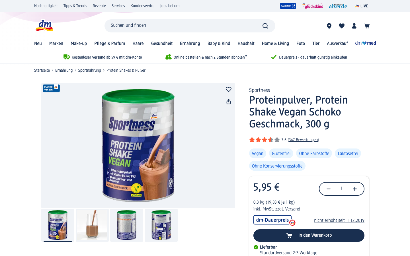 Produktseite von dm.de: Sportness Protein Shake Vegan Schoko Geschmack, 300 g