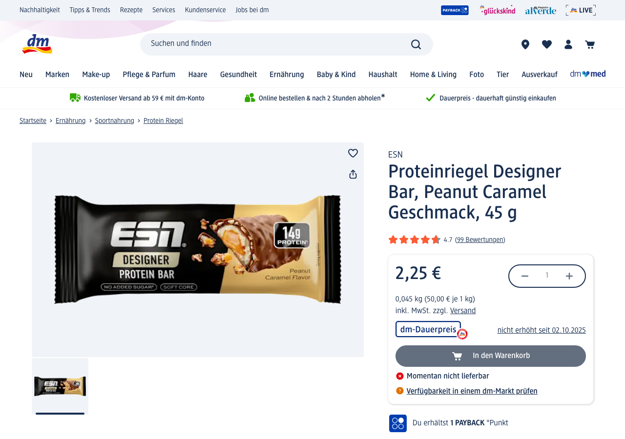 Screenshot der dm.de Produktseite: ESN Proteinriegel Designer Bar, Peanut Caramel Geschmack, 45 Gramm, Preis 2,25 Euro