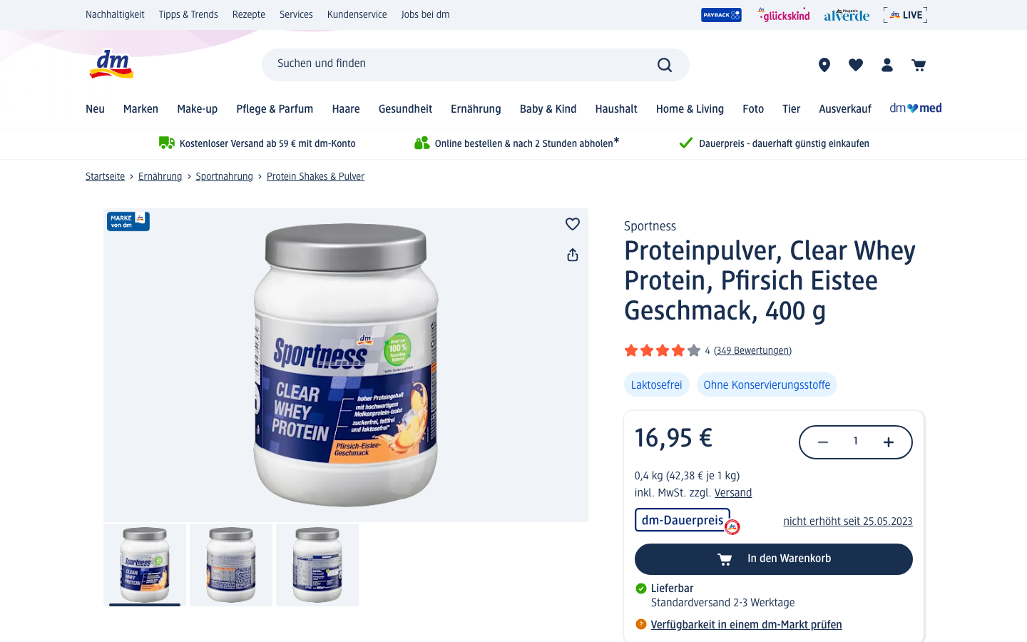 Produktseite von dm.de: Sportness Clear Whey Protein Pfirsich Eistee Geschmack, 400 g