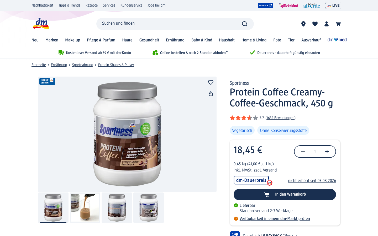 Produktseite von dm.de: Sportness Protein Coffee Creamy-Coffee-Geschmack, 450 g
