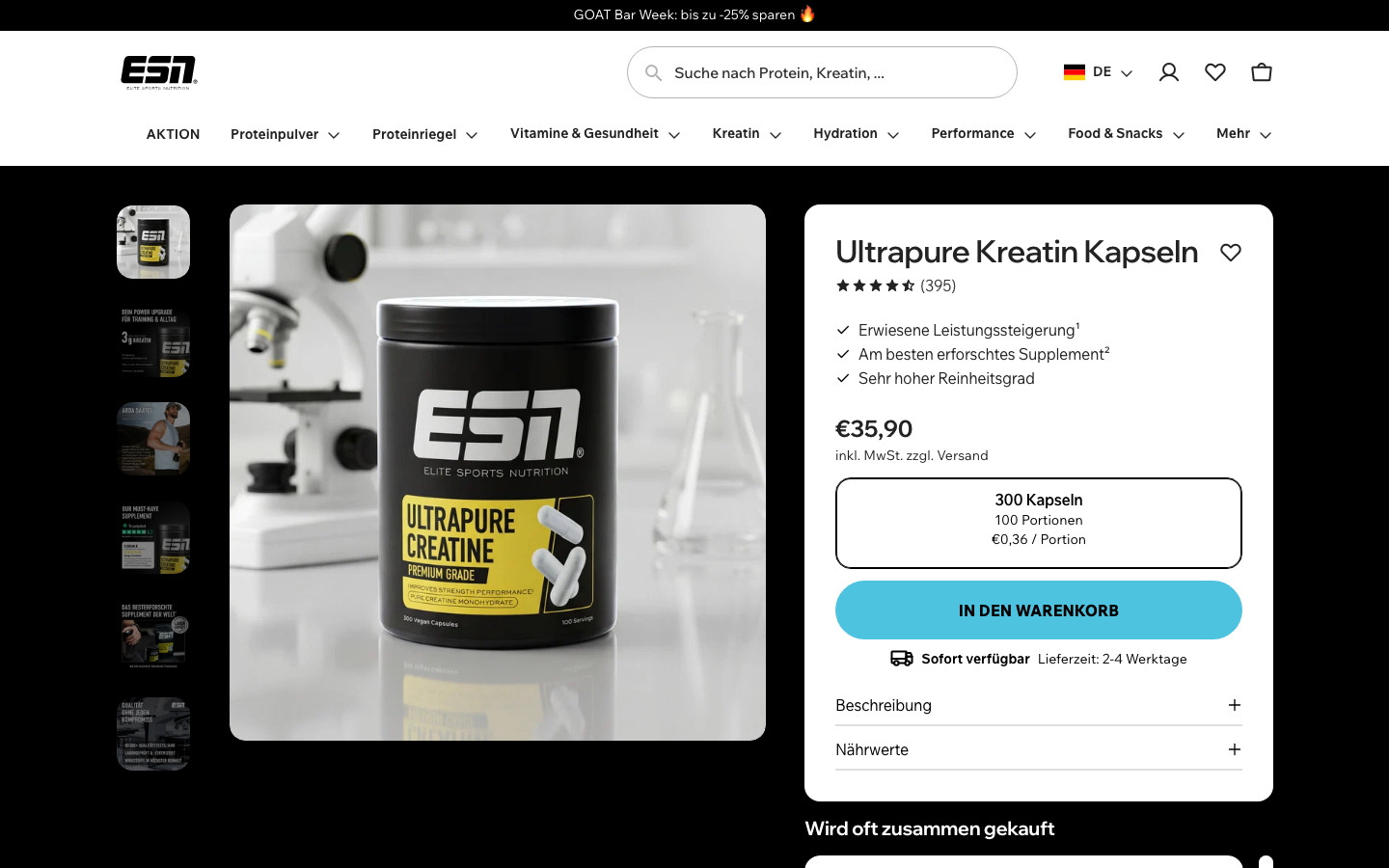 Produktseite von ESN Ultrapure Kreatin Kapseln mit Preis und Portionsangabe