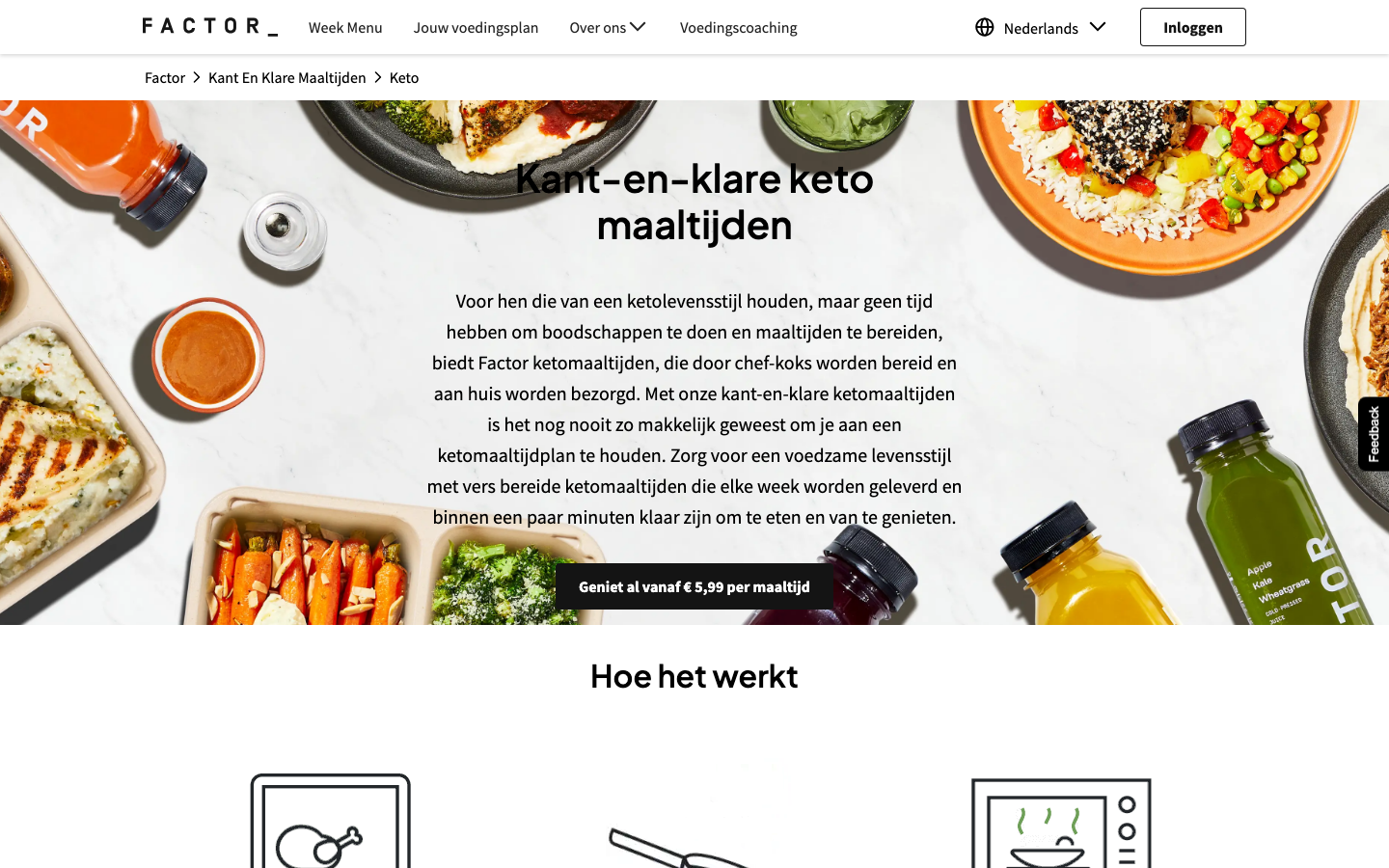 Screenshot van de kant-en-klare ketomaaltijden pagina van Factor met de prijs vanaf 5,99 euro per maaltijd