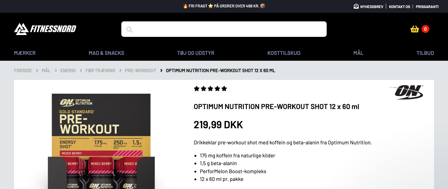 Produktside hos Fitnessnord for Optimum Nutrition Gold Standard Pre-Workout Shot