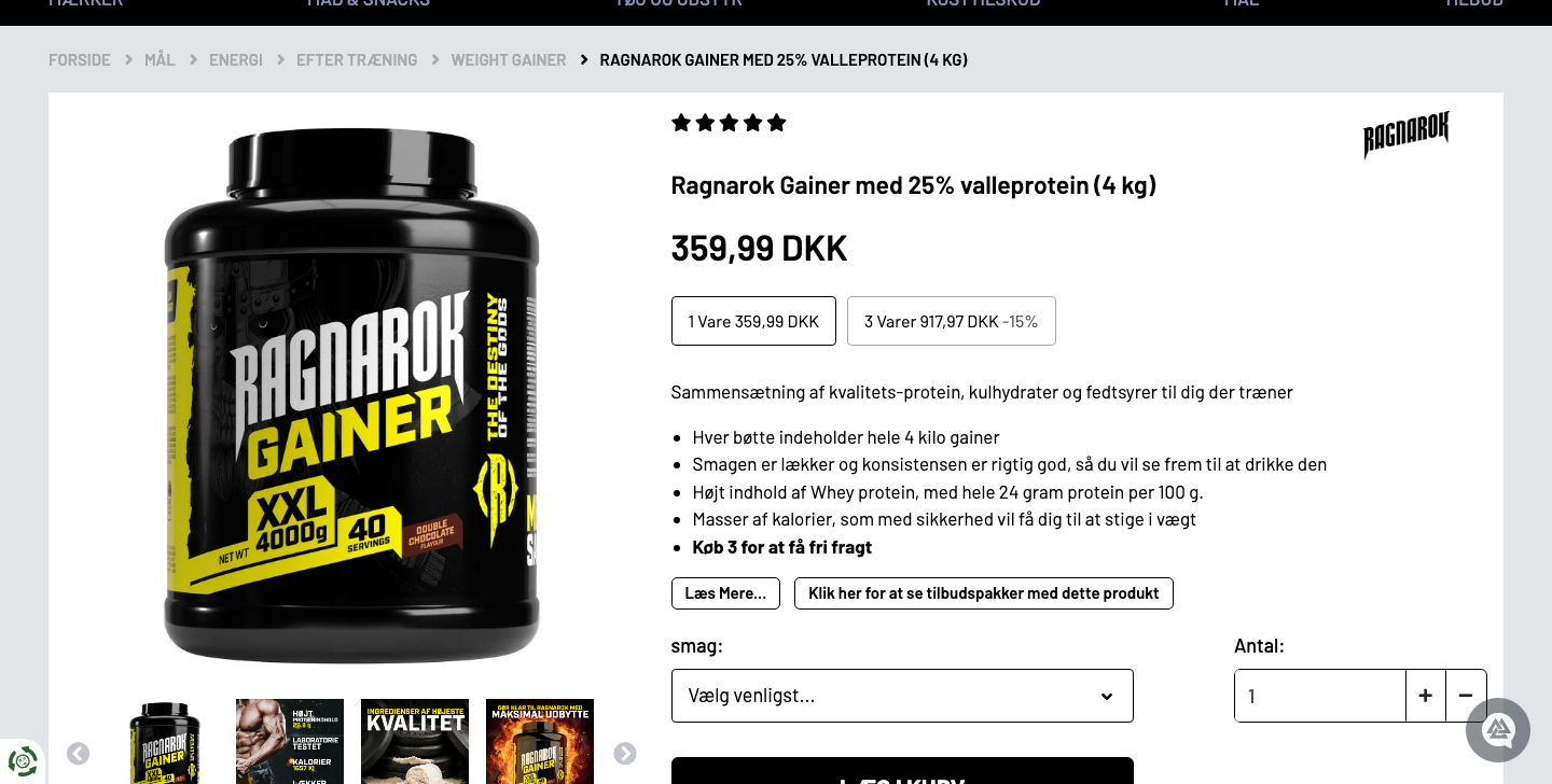 Fitnessnord Ragnarok Gainer 4 kg produktside med pris og proteinindhold