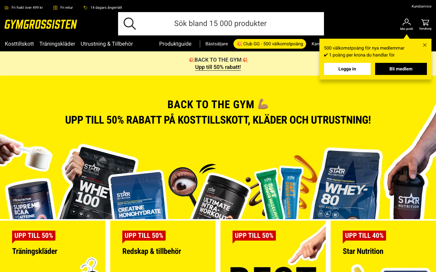 Gymgrossistens startsida med Star Nutrition Whey-100