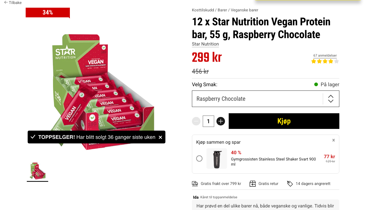 Star Nutrition Vegan Protein Bar produktside hos Gymgrossisten, pris 299 kroner