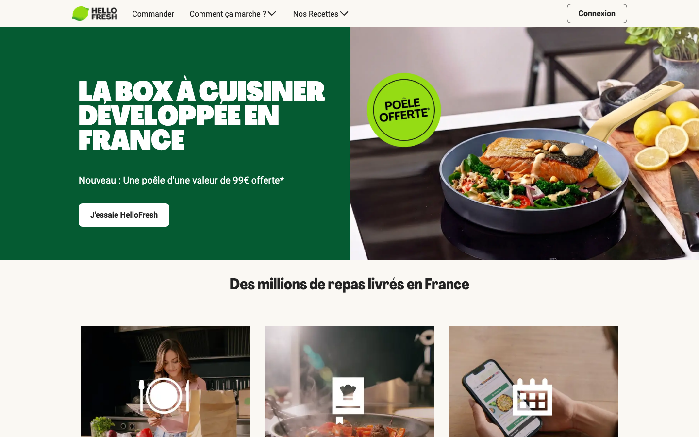 Page d'accueil du site HelloFresh France présentant son offre de box repas à cuisiner
