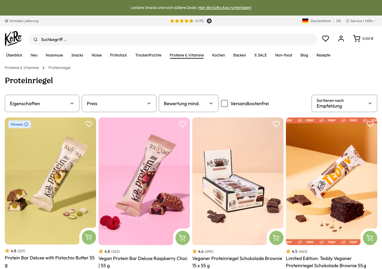 KoRo Proteinriegel Kategorieseite mit Deluxe, Vegan und Crispy Sorten