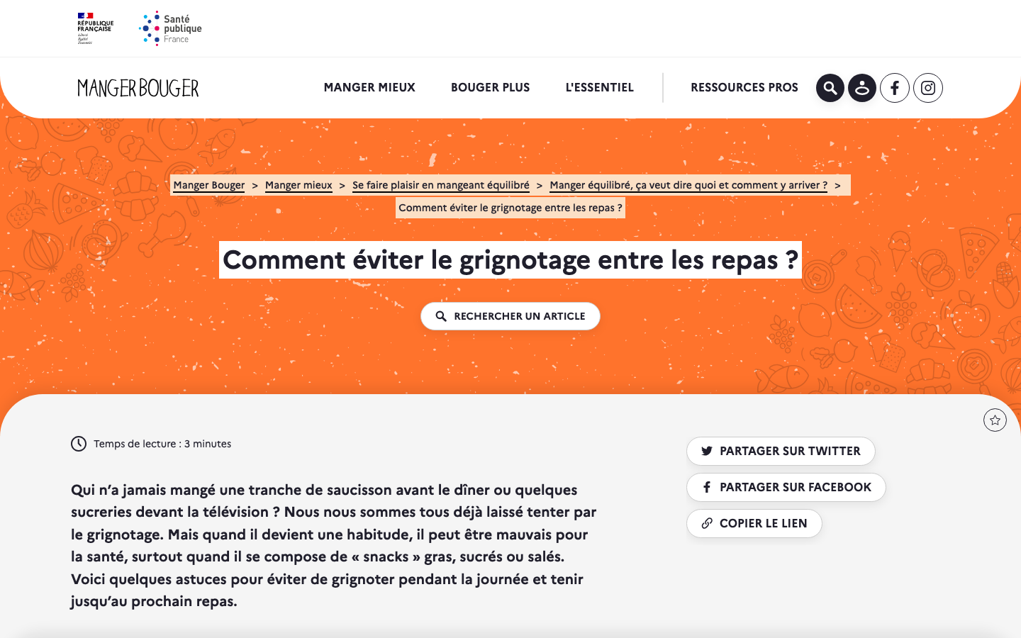 Page officielle mangerbouger.fr sur la différence entre collation et grignotage