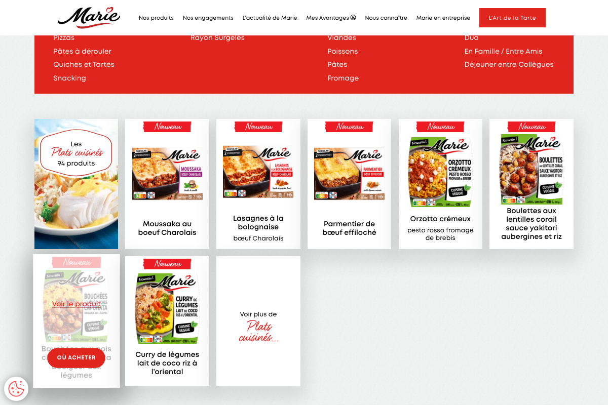 Catalogue de plats cuisines Marie en 2026 sur marie.fr, avec les nouveautes Moussaka, Lasagnes bolognaise, Parmentier de boeuf effiloche, Orzotto cremeux et Boulettes aux lentilles corail