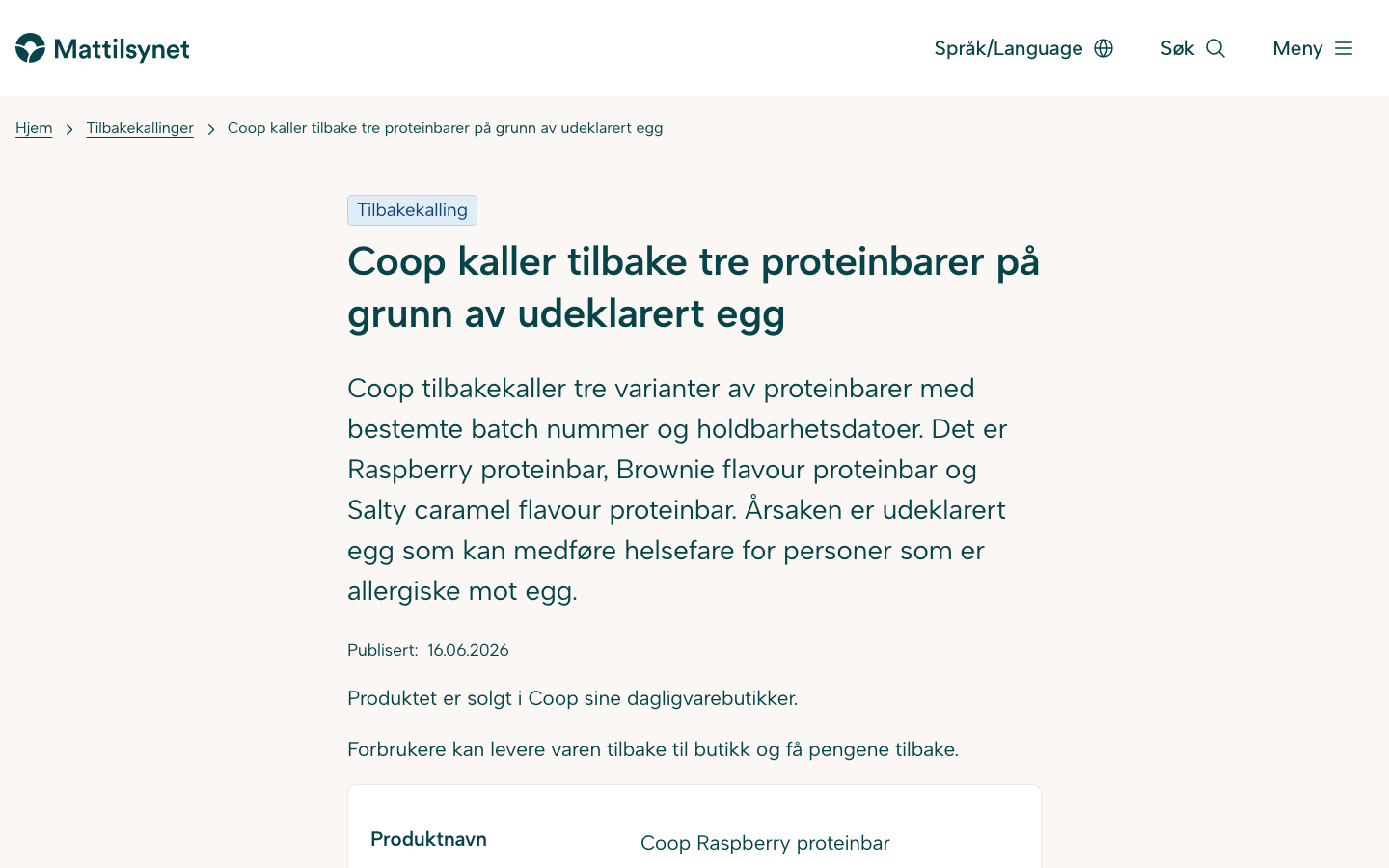 Mattilsynets tilbakekallingsside for Coops tre proteinbarer