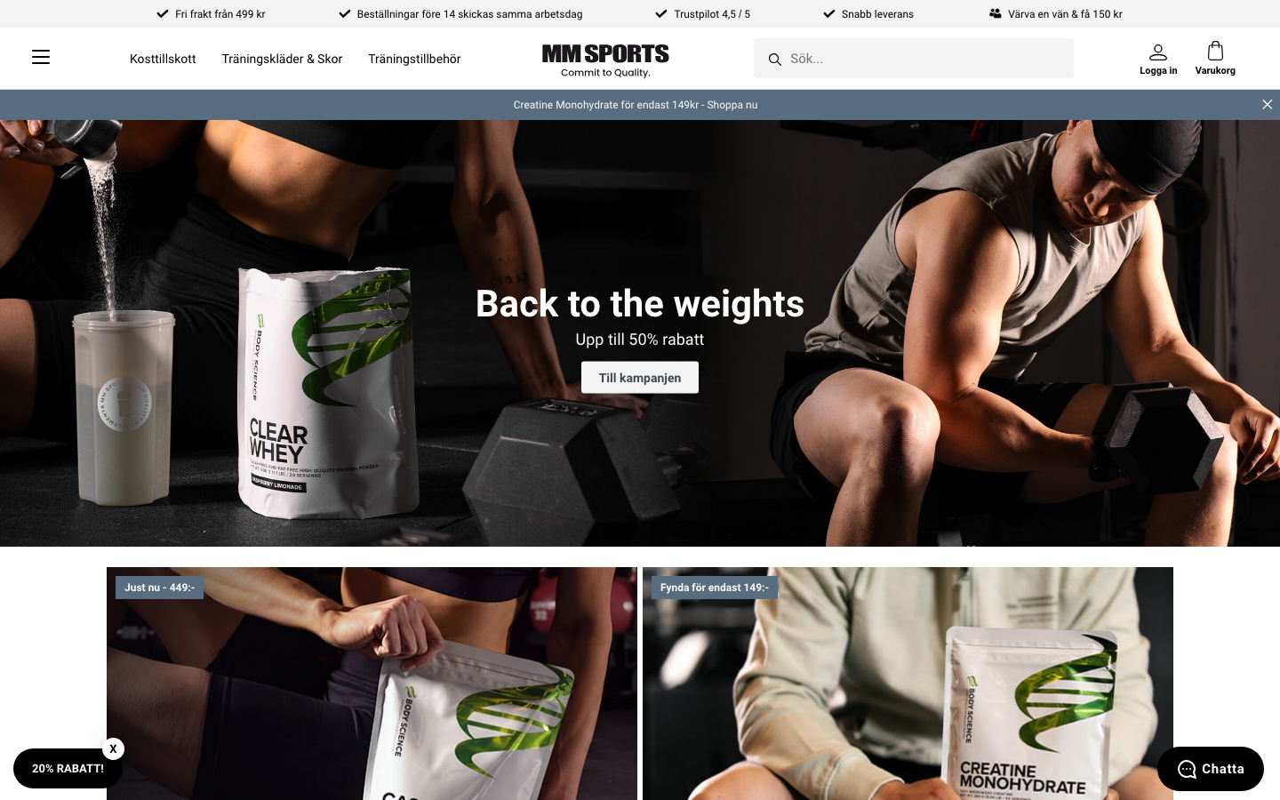 MM Sports startsida med Body Science Whey 100%