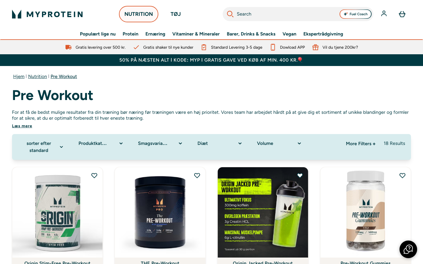 Myprotein.dk pre-workout-kategori med THE Pre-Workout og andre produkter