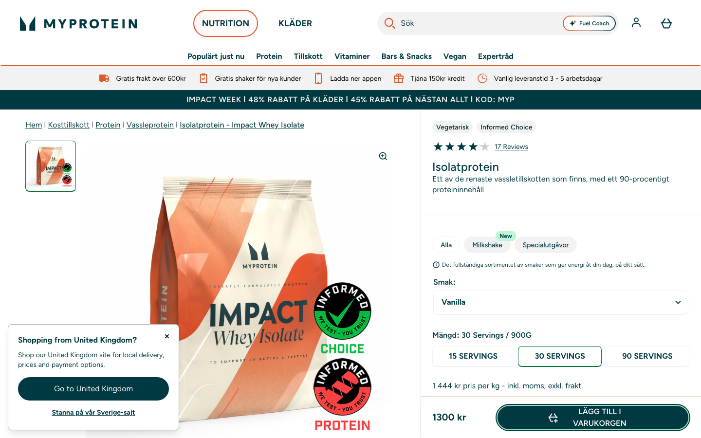 MyProtein Impact Whey Isolate, 1300 kr för 900 g