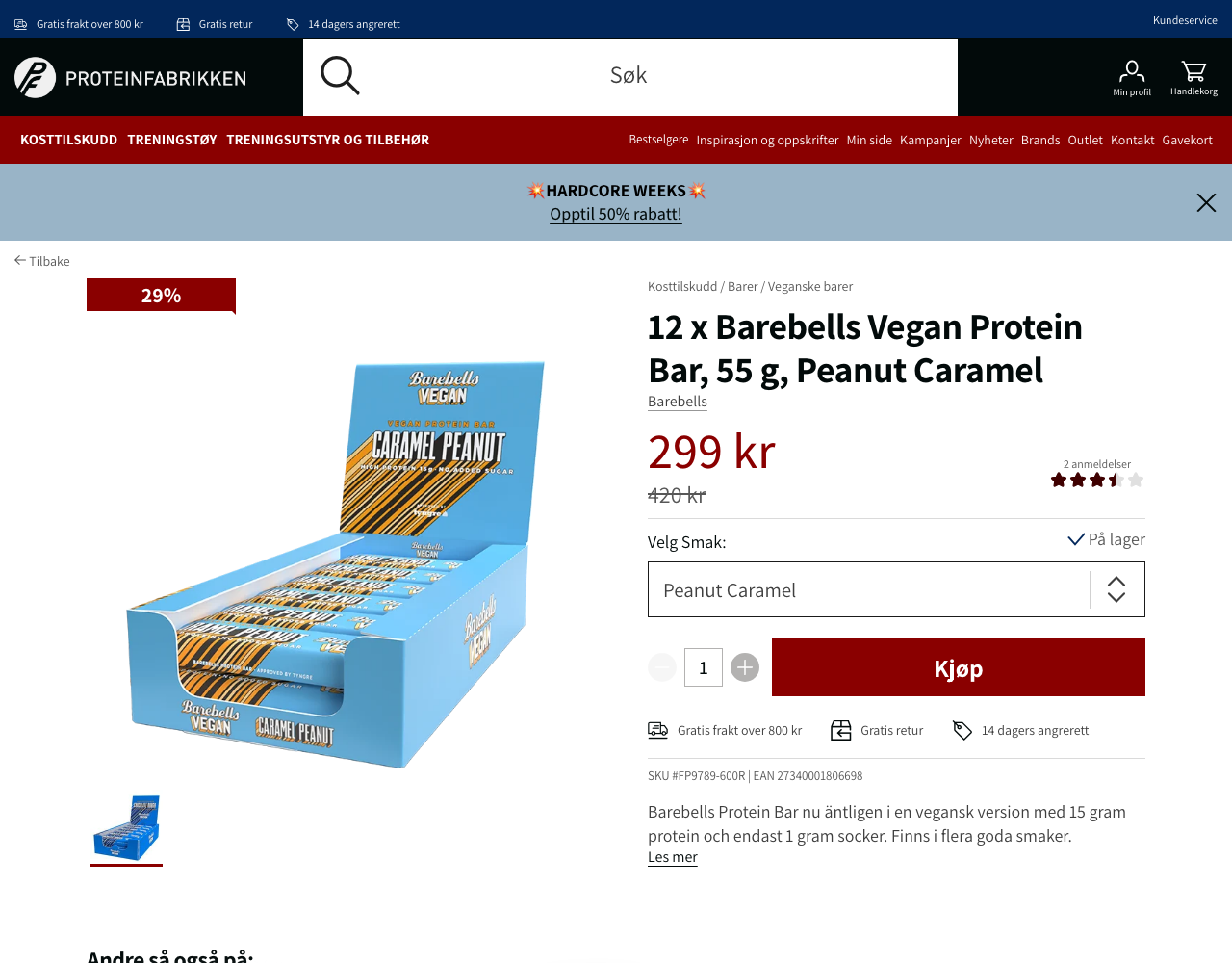 Barebells Vegan Protein Bar produktside hos Proteinfabrikken, pris 299 kroner