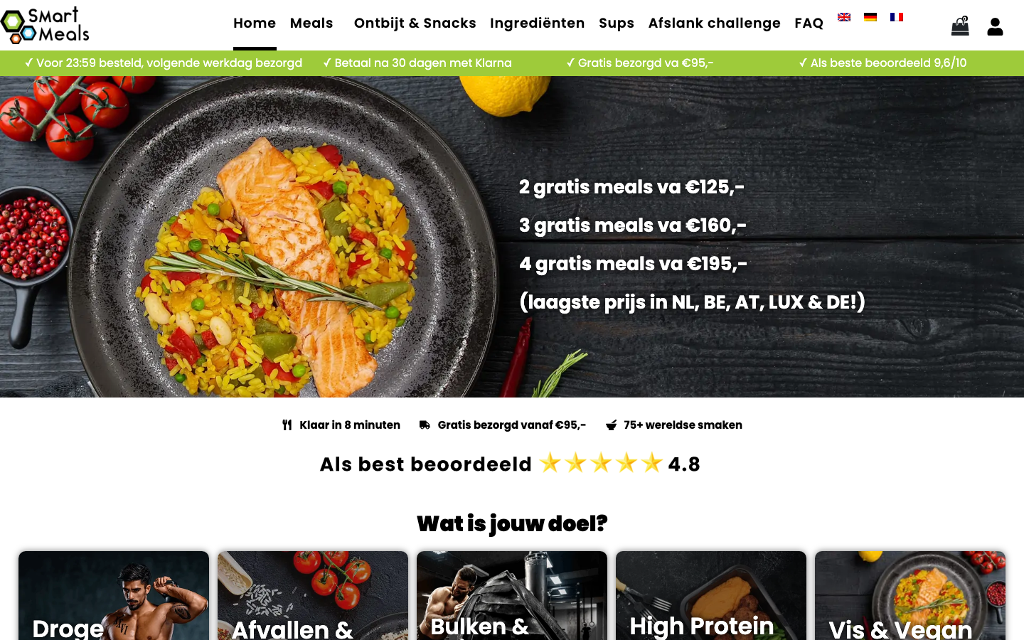 Homepage van Smart Meals met doelen zoals Bulken, Afvallen en High Protein
