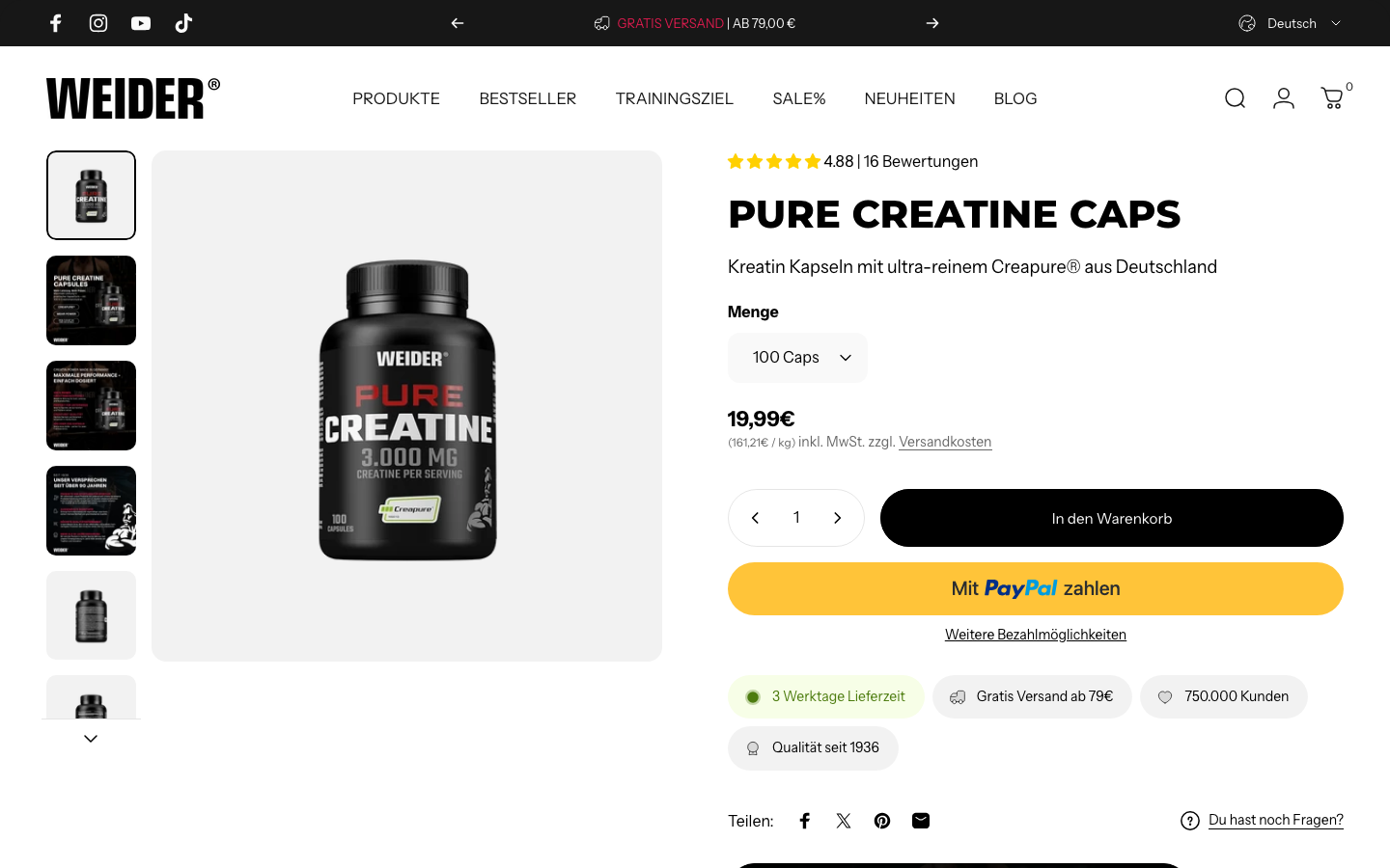 Produktseite von Weider Pure Creatine Caps mit Preis und Kapselanzahl