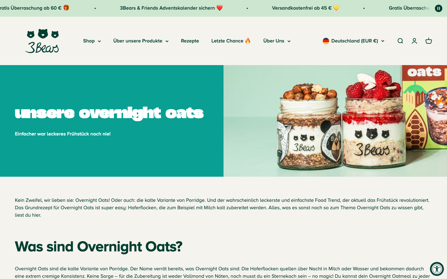 Die 3Bears-Produktseite mit dem Sortiment an Overnight-Oats-Mischungen.