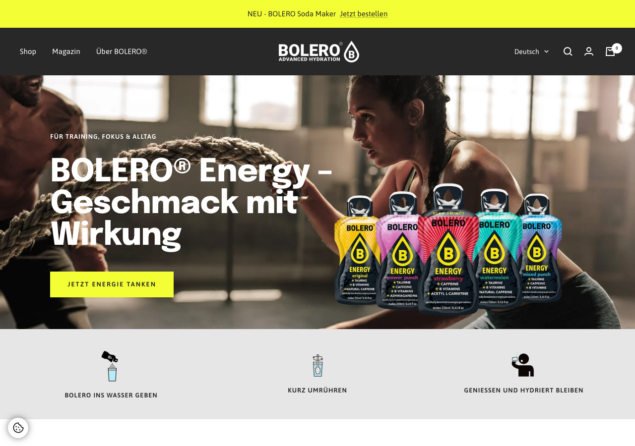 Bolero Energy Produktseite, zuckerfreies Getränkepulver mit Stevia