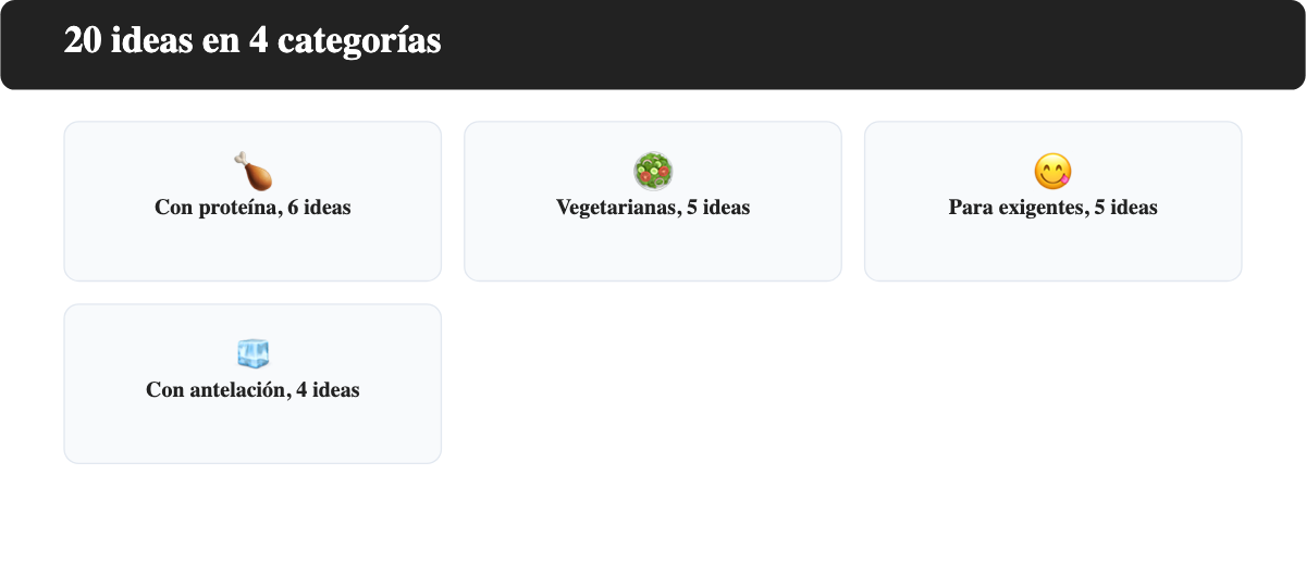 Infografía: 20 ideas de cena para niños repartidas en 4 categorías, con proteína, vegetarianas, para niños exigentes y para preparar con antelación