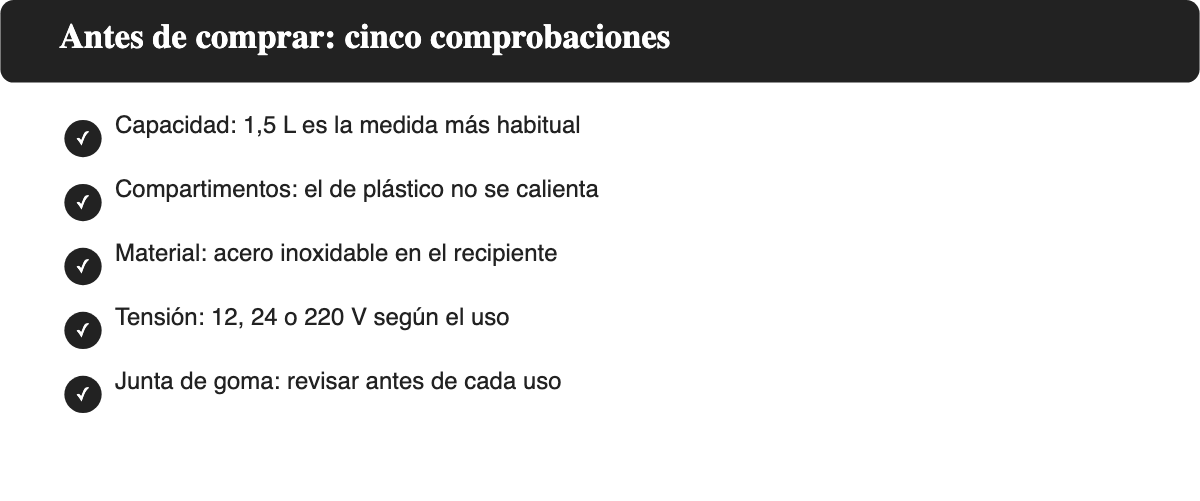 Lista de cinco comprobaciones antes de comprar un tupper eléctrico: capacidad, compartimentos, material, tensión y junta
