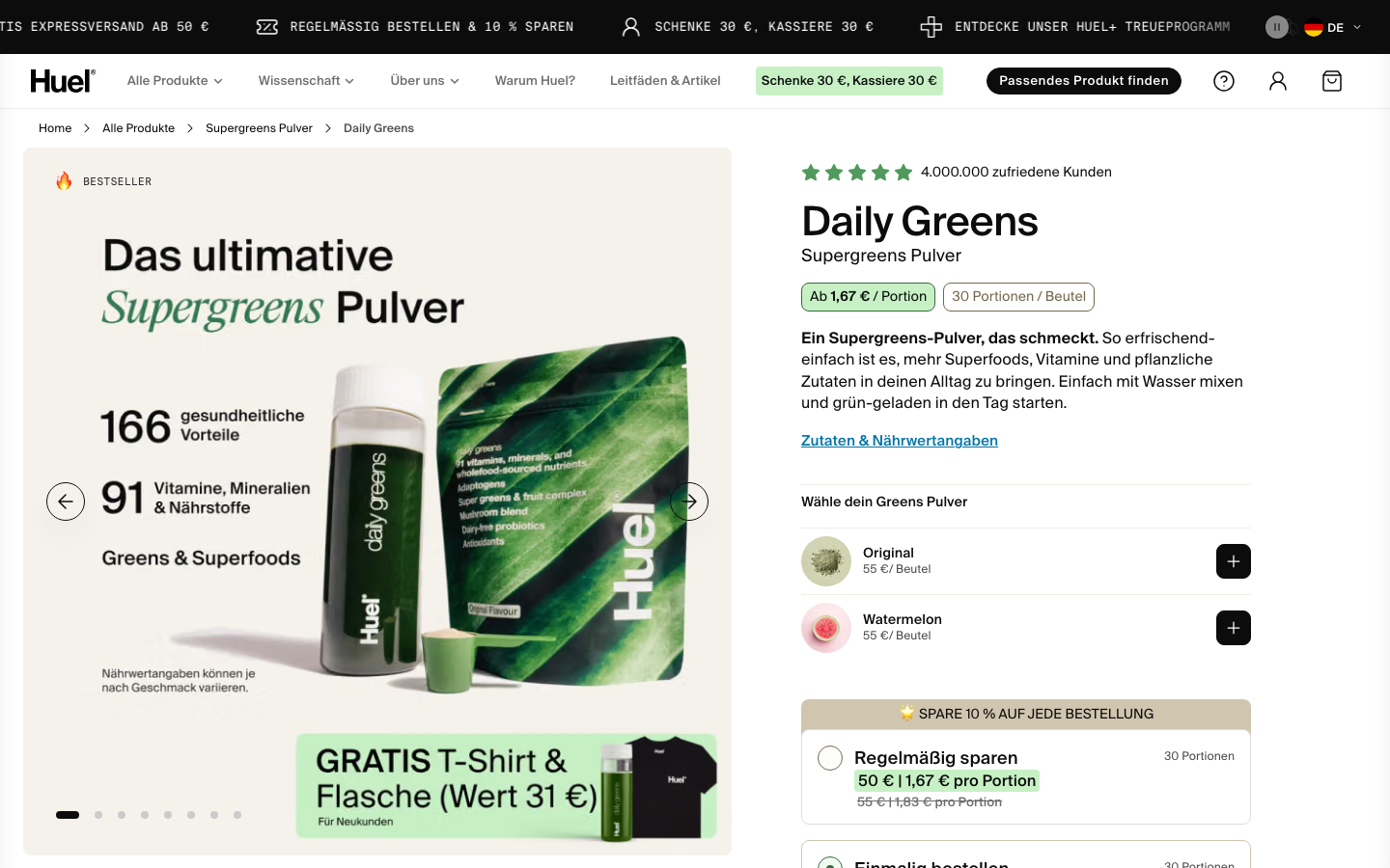Produktseite von Huel Daily Greens auf de.huel.com mit Preis pro Portion und Portionsanzahl.