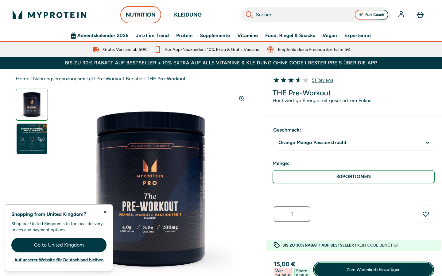 Produktseite von Myprotein THE Pre-Workout, Screenshot vom 24. Oktober 2026
