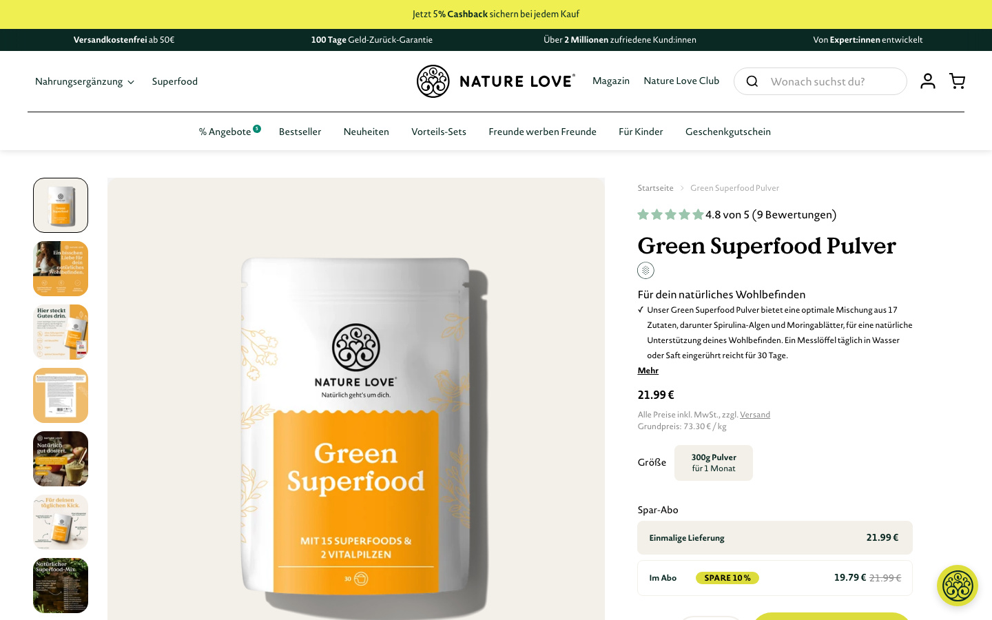 Produktseite von Nature Love Green Superfood Pulver auf nature-love.de mit Preis und Packungsgröße.