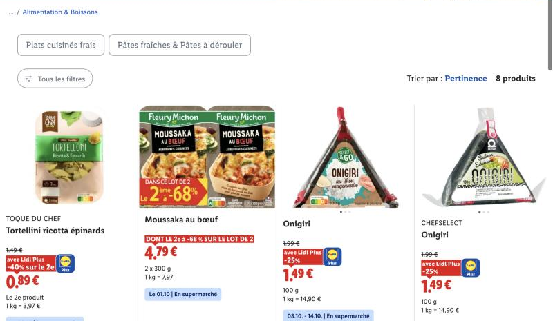 Sélection de plats cuisinés frais sur lidl.fr le 2 octobre 2026, avec Toque du Chef Tortellini, Fleury Michon Moussaka au bœuf et Onigiri ChefSelect