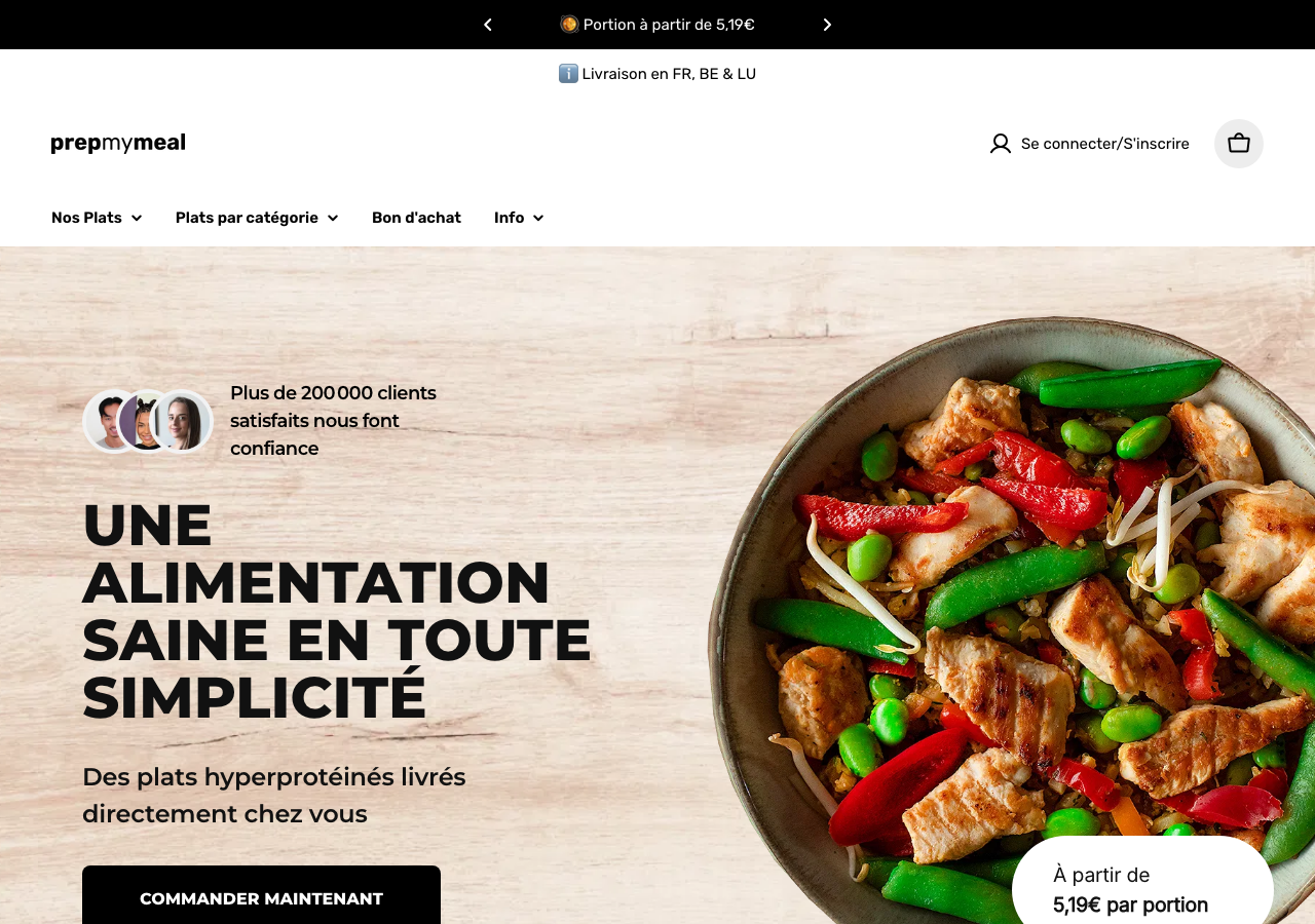 Page d'accueil de PrepMyMeal affichant des plats hyperprotéinés à partir de 5,19 euros la portion