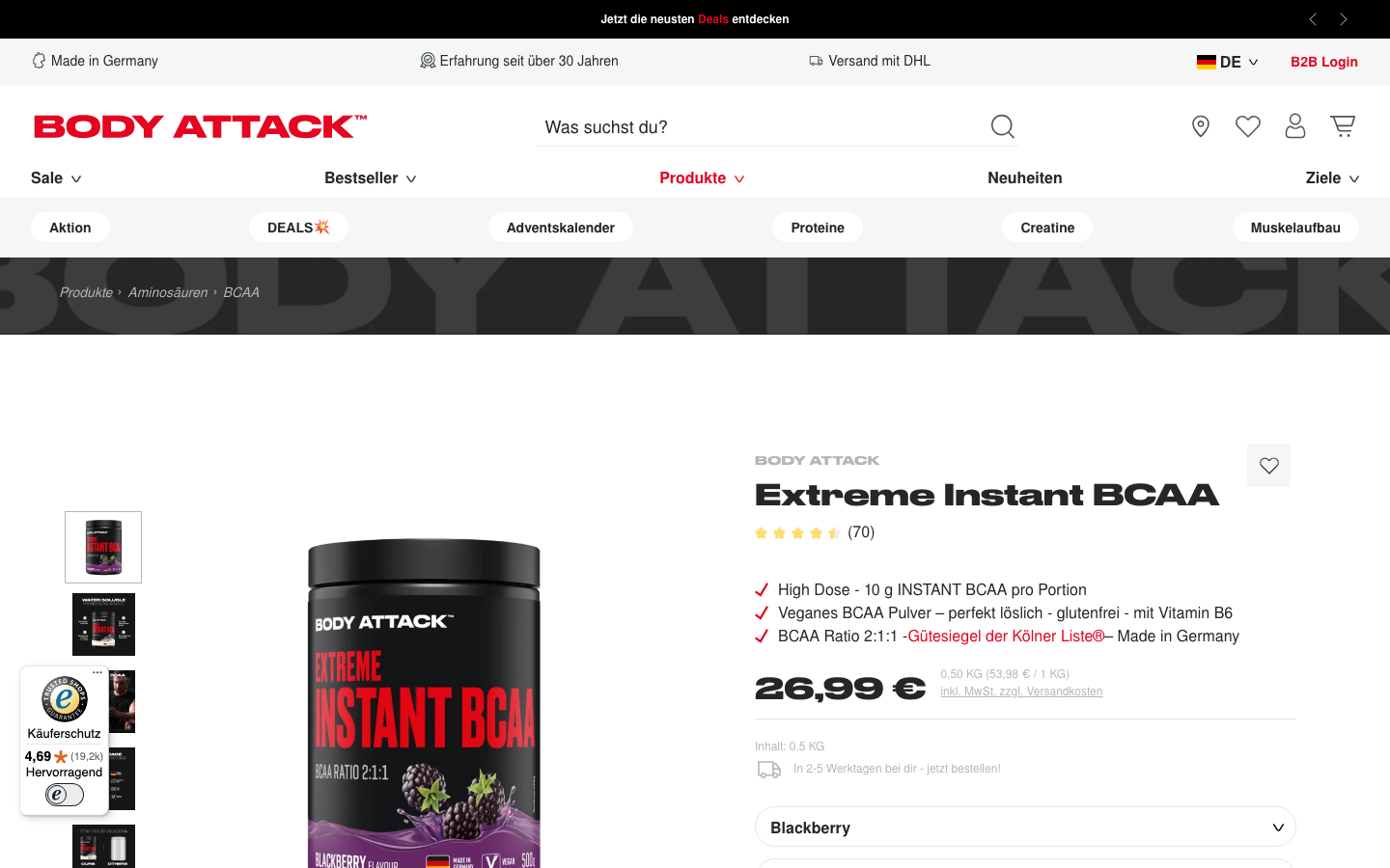 Produktseite von Body Attack Extreme Instant BCAA, Screenshot vom 25. Oktober 2026
