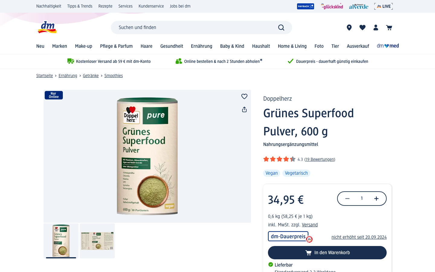 Produktseite von Doppelherz pure Grünes Superfood Pulver bei dm.de mit Preis und Dauerpreis-Hinweis.