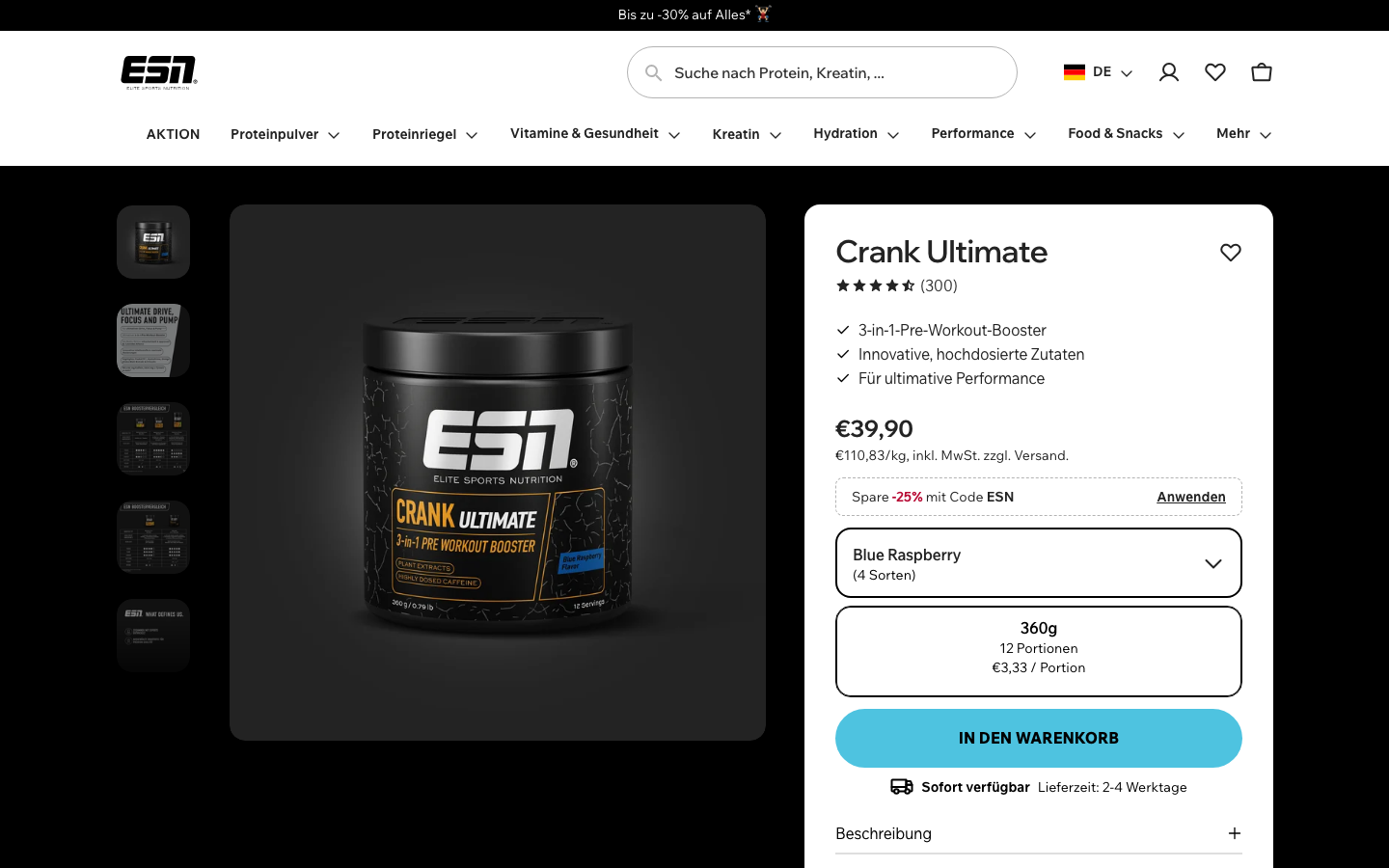 Produktseite von ESN Crank Ultimate, Screenshot vom 24. Oktober 2026