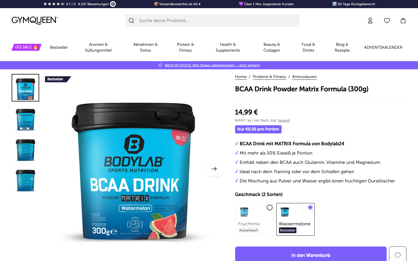 Produktseite von Bodylab BCAA Drink Powder auf gymqueen.de, Screenshot vom 25. Oktober 2026