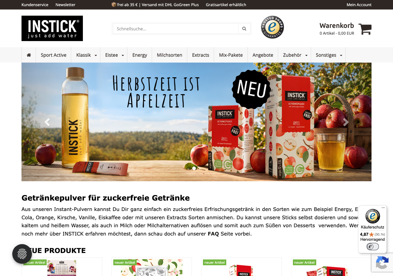 INSTICK Online-Shop mit Getränkepulver für zuckerfreie Getränke