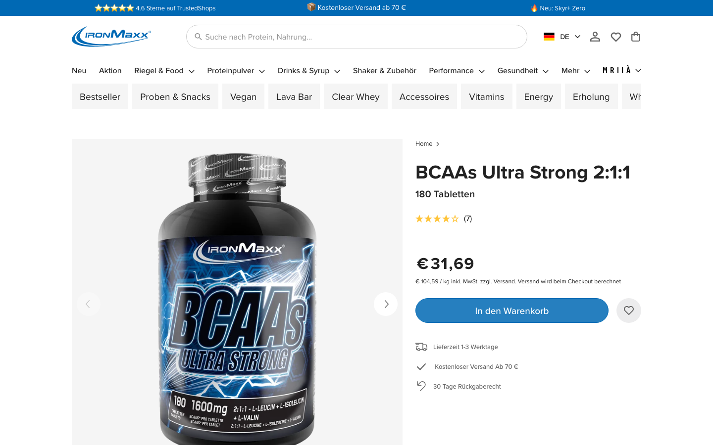 Produktseite von IronMaxx BCAAs Ultra Strong, Screenshot vom 25. Oktober 2026