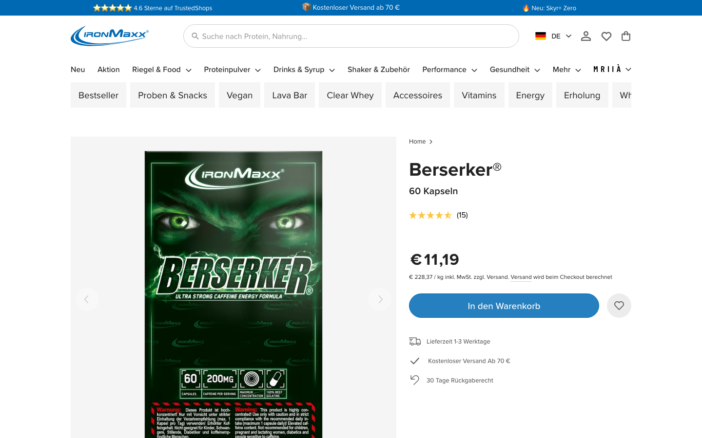 Produktseite von IronMaxx Berserker, Screenshot vom 24. Oktober 2026