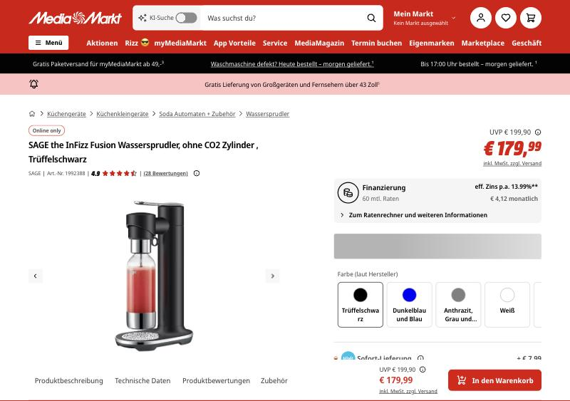 Produktseite des Sage InFizz Fusion Wassersprudlers mit Preis bei einem Händler.