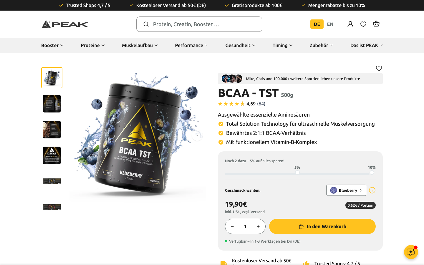 Produktseite von Peak BCAA TST, Screenshot vom 25. Oktober 2026